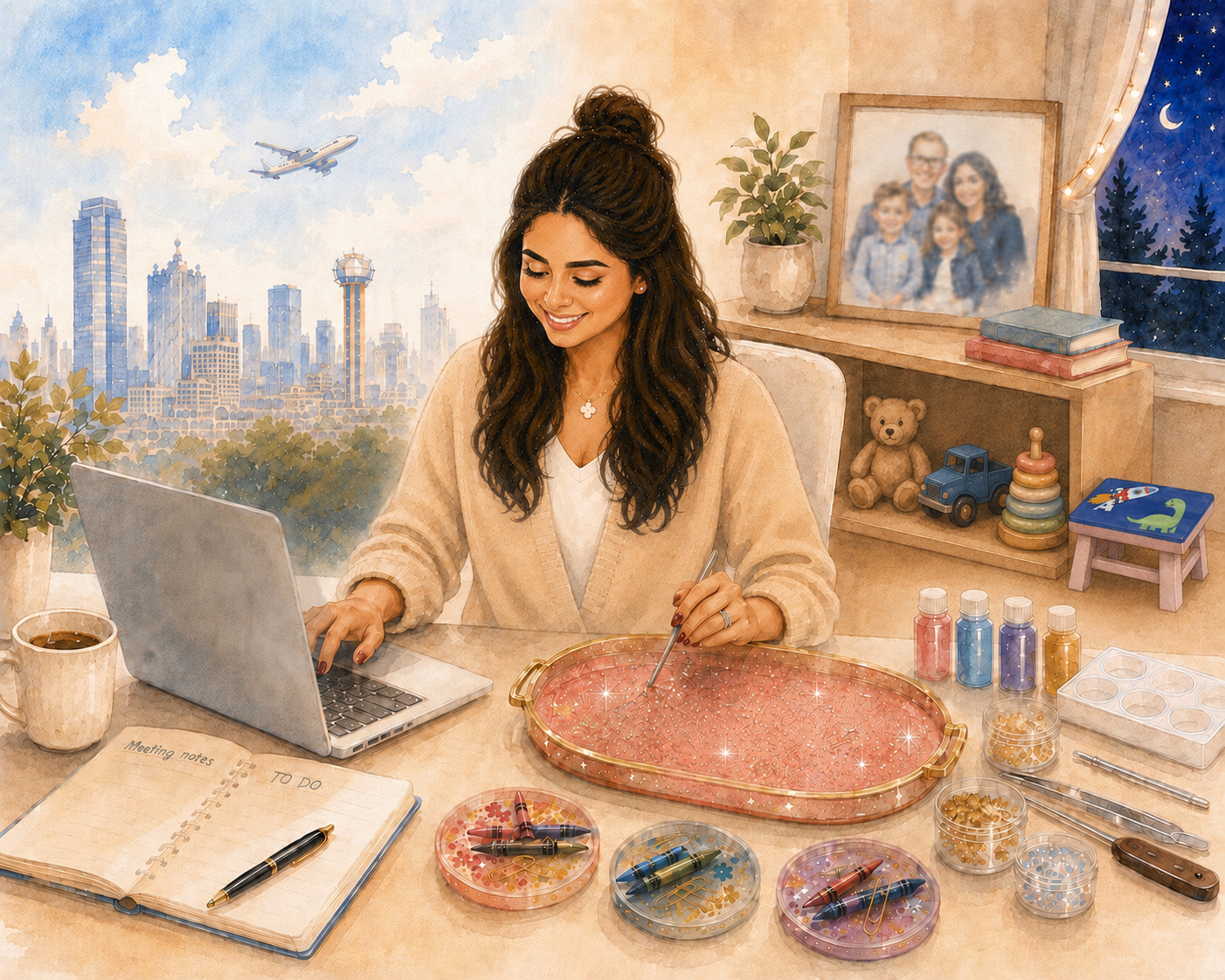 Watercolour illustration of a mother working at her desk with resin art supplies, a family photo, and the city skyline beyond